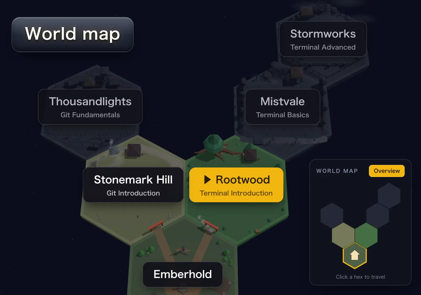 The WebTerm world map, with five lands laid out as hexagonal tiles