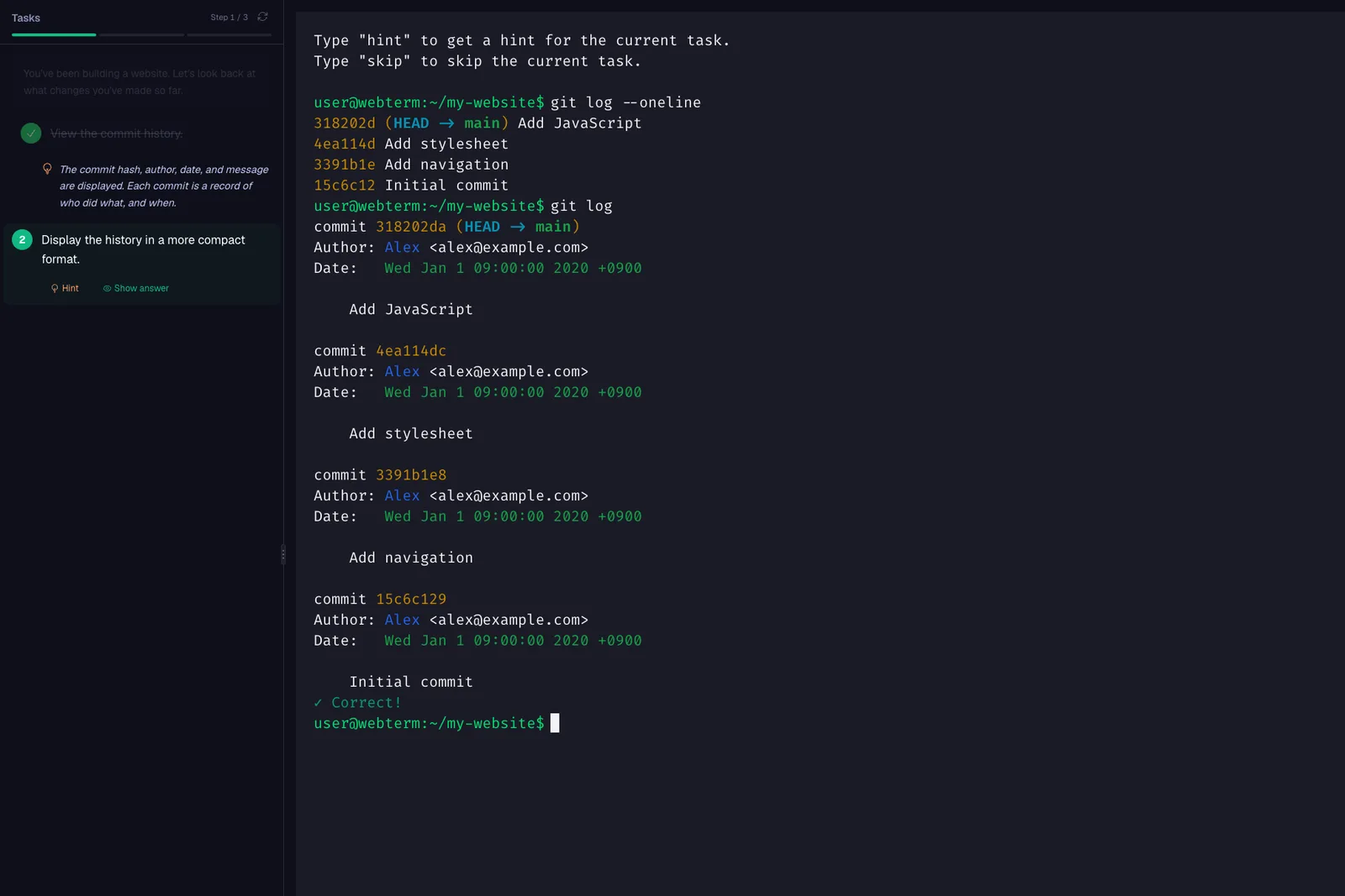 Exercise: Git Introduction. Reading the history. Every command is checked, and finished tasks get a mark
