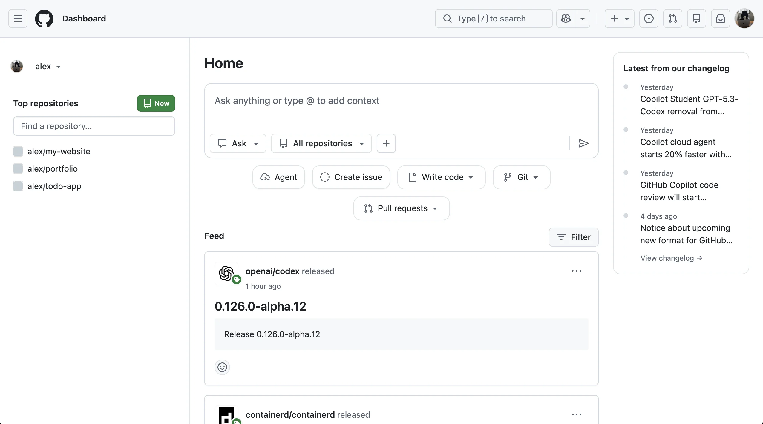 GitHub dashboard