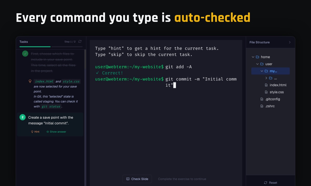 Tasks on the left, terminal in the middle, file tree on the right